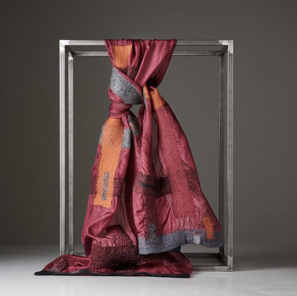 "LINES" Pongé Silk Scarf in Wine Red