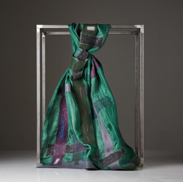 "LINES" Pongé Silk Scarf in Forest Green