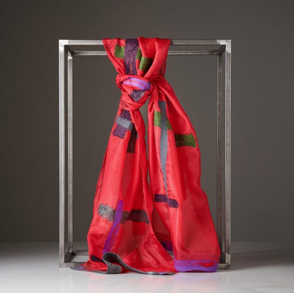 "LINES" Silk Scarf in Red