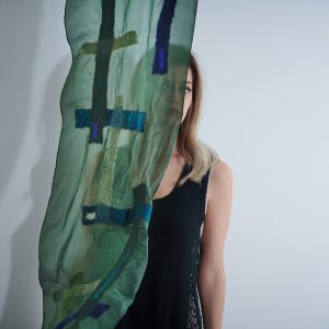 "LINES" Pongé Silk Scarf in Forest Green - Image 3
