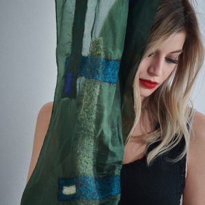 "LINES" Pongé Silk Scarf in Forest Green - Image 2