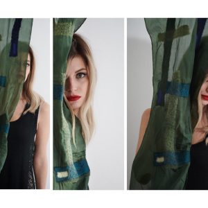 "LINES" Pongé Silk Scarf in Fir - Image 2